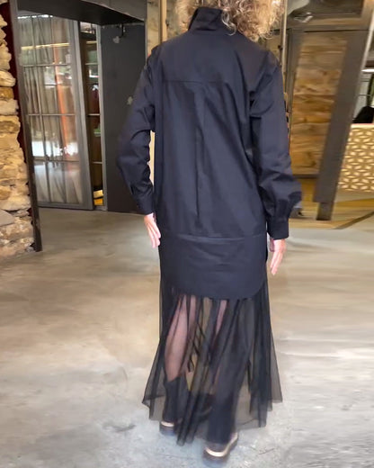 Leonie - Casual Długi Rękaw Siateczka Patchwork Sukienka